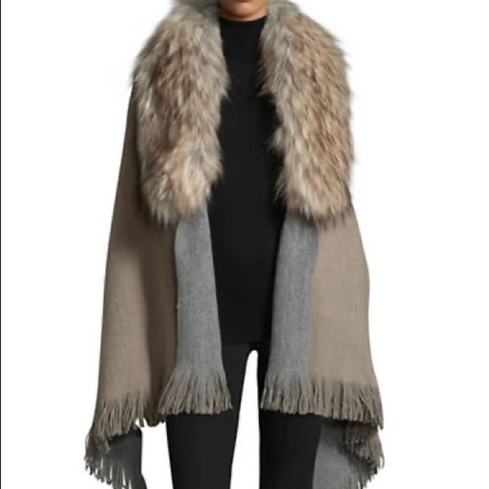 Lauren Ralph Lauren Wrap with Detachable Faux-Fur-Collar - Camel/Grey